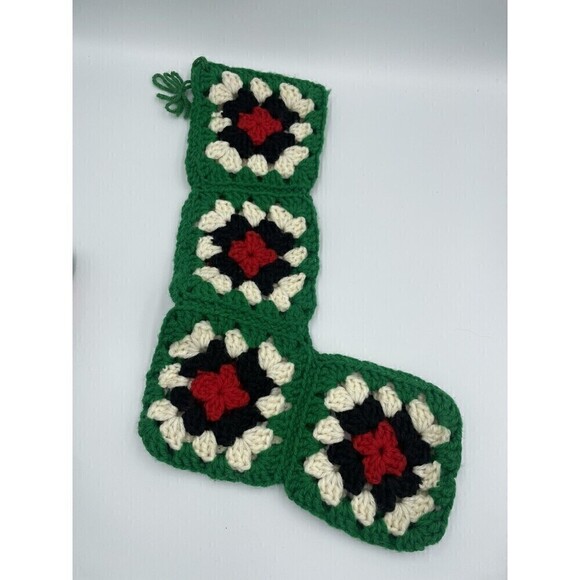 Vintage Granny Square Christmas Stockings Holiday White Red Green 22” Crochet - Picture 2 of 8